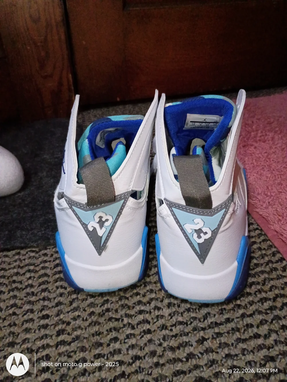 Men's Jordan 7s White and Blue High-Top Basketball Sneakers